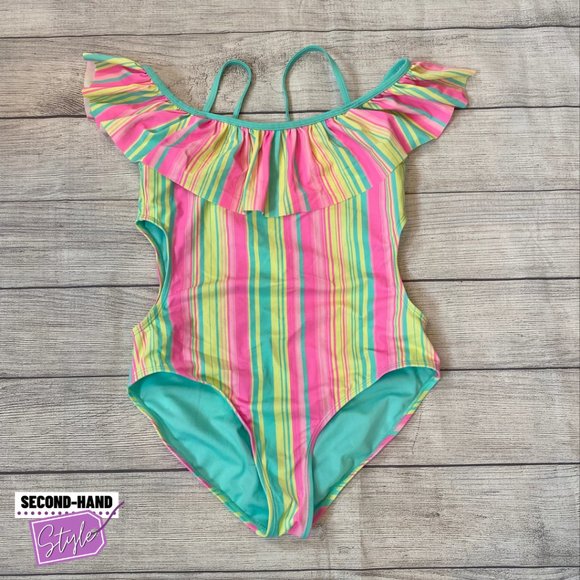 Wonder Nation Girls SzXL Neon Stripe Ruffle Swimsuit - Picture 1 of 2